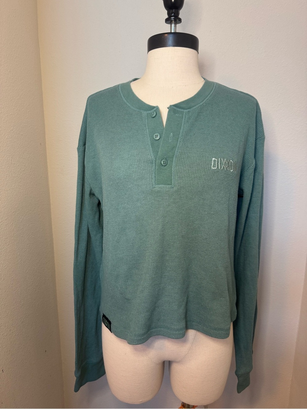Dixxon long-sleeve waffle knit henley shirt in sage green